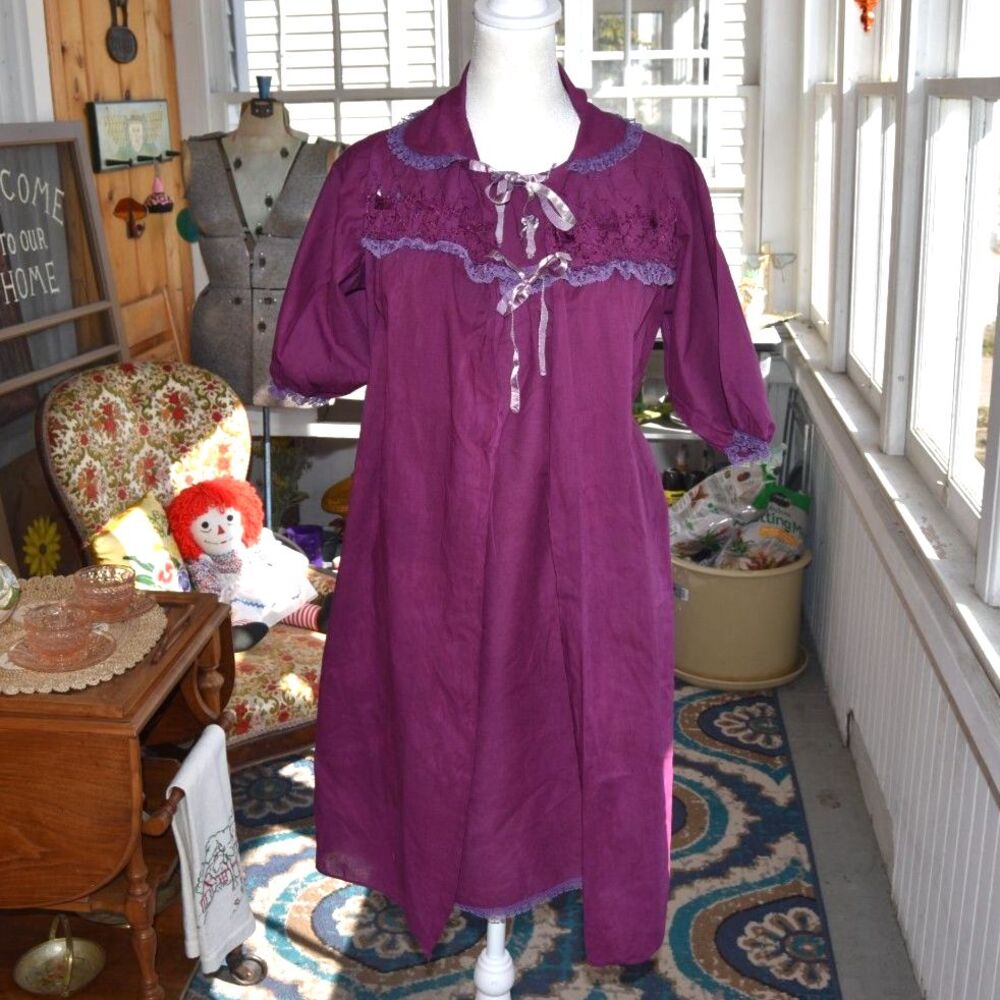 Vintage 40s 50s Sheer Plum Peignoir Set Lace Ribbon Mid Century Loungewear Med